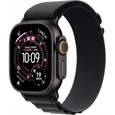 Apple Watch Ultra 3. Generation (GPS, Cellular, 49 mm) – Schwarzes Titangehäuse mit schwarzem Alpine Loop Large