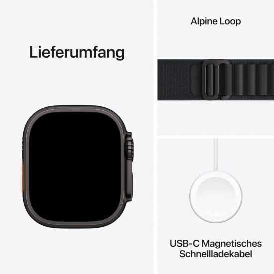 Apple Watch Ultra 3. Generation (GPS, Cellular, 49 mm) – Schwarzes Titangehäuse mit schwarzem Alpine Loop Large