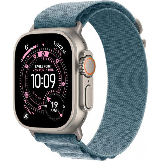 Apple Watch Ultra 3. Generation (GPS, Cellular, 49 mm) – Gehäuse aus natürlichem Titan mit blauem Alpine Loop (mittelgroß)