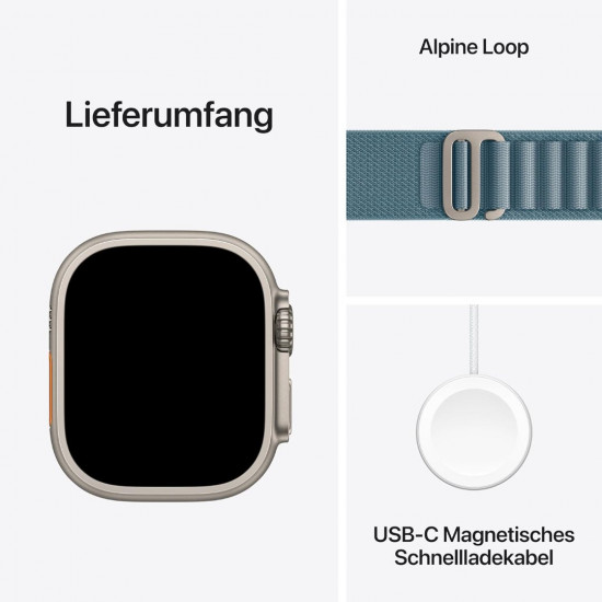 Apple Watch Ultra 3. Generation (GPS, Cellular, 49 mm) – Gehäuse aus natürlichem Titan mit blauem Alpine Loop (mittelgroß)