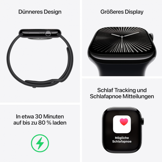 Apple Watch Series 10 (GPS, 42 mm) - Schwarzes Aluminiumgehäuse mit schwarzem Sportarmband S/M