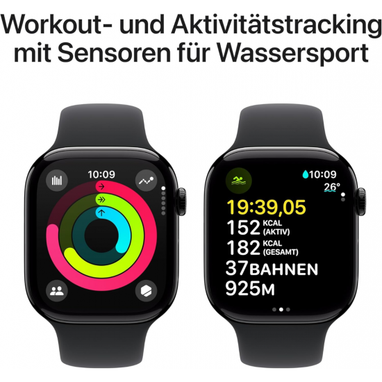 Apple Watch Series 10 (GPS, 42 mm) - Schwarzes Aluminiumgehäuse mit schwarzem Sportarmband S/M