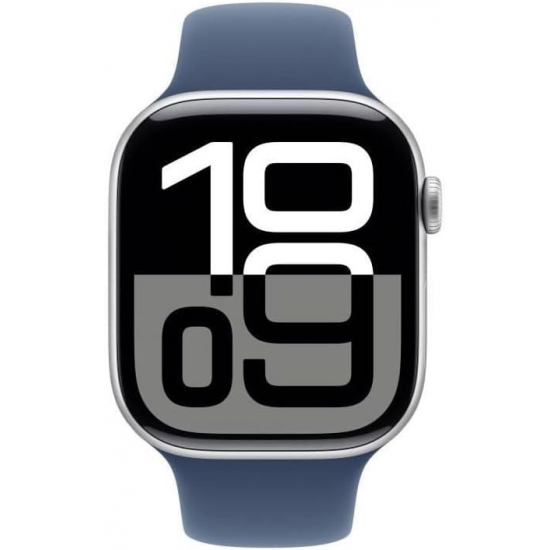 Apple Watch Series 10 (GPS, 46mm) - Silbernes Aluminiumgehäuse mit M/L Denim Sportband