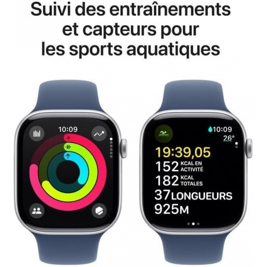 Apple Watch Series 10 (GPS, 46mm) - Silbernes Aluminiumgehäuse mit M/L Denim Sportband
