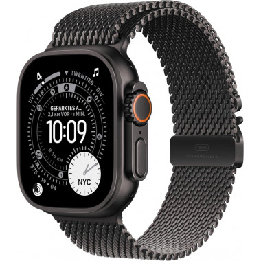 Apple Watch Ultra 3. Generation (GPS, Cellular, 49 mm) – Schwarzes Titangehäuse mit schwarzem Titan-Milanese-Armband (mittelgroß)