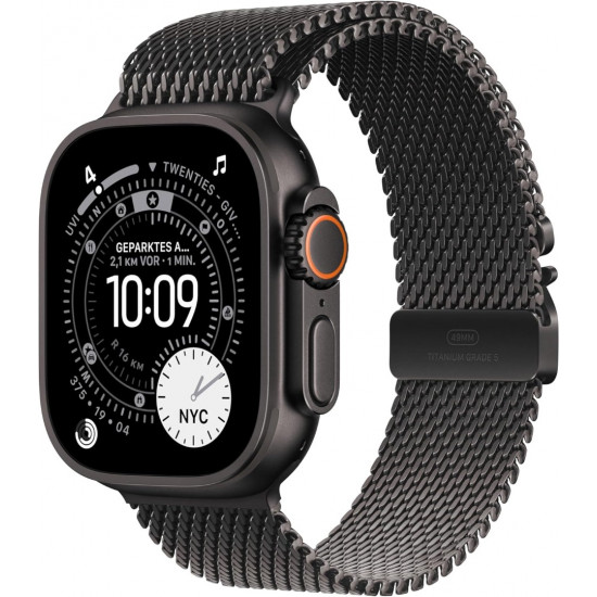 Apple Watch Ultra 3. Generation (GPS, Cellular, 49 mm) – Schwarzes Titangehäuse mit schwarzem Titan-Milanese-Armband (mittelgroß)