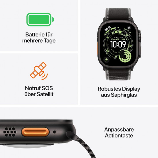 Apple Watch Ultra 3. Generation (GPS, Cellular, 49 mm) – Schwarzes Titangehäuse mit großem schwarzem Titan-Milanese-Armband