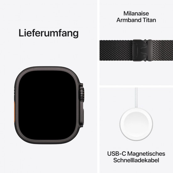 Apple Watch Ultra 3. Generation (GPS, Cellular, 49 mm) – Schwarzes Titangehäuse mit schwarzem Titan-Milanese-Armband (mittelgroß)