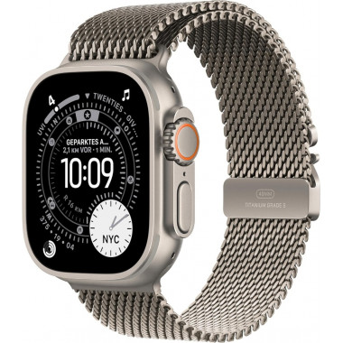 Apple Watch Ultra 3. Generation (GPS, Cellular, 49 mm) – Gehäuse aus Natur-Titan mit Milanaise-Armband aus Natur-Titan (mittelgroß)