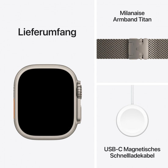 Apple Watch Ultra 3. Generation (GPS, Cellular, 49 mm) – Gehäuse aus Natur-Titan mit Milanaise-Armband aus Natur-Titan (mittelgroß)
