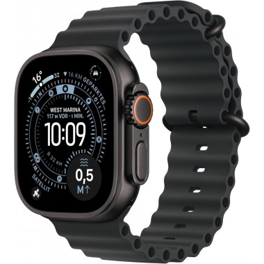 Apple Watch Ultra 3. Generation (GPS, Cellular, 49 mm) – Schwarzes Titangehäuse mit schwarzem Ocean-Armband, Einheitsgröße