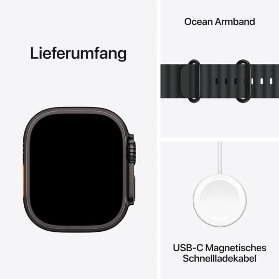 Apple Watch Ultra 3. Generation (GPS, Cellular, 49 mm) – Schwarzes Titangehäuse mit schwarzem Ocean-Armband, Einheitsgröße