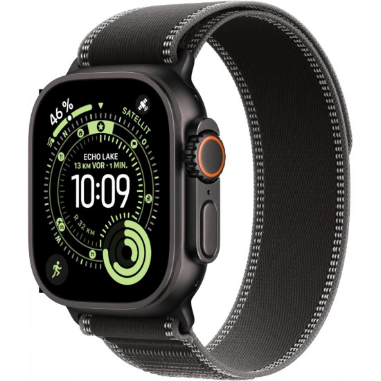 Apple Watch Ultra 3. Generation (GPS, Cellular, 49 mm) – Schwarzes Titangehäuse mit schwarzem und anthrazitfarbenem Trail Loop Armband (S/M)