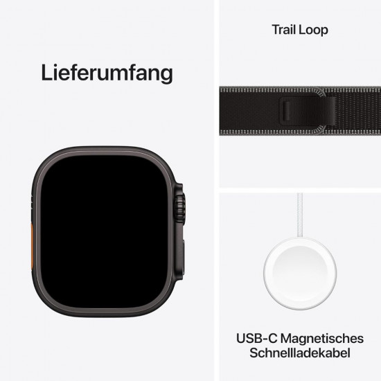 Apple Watch Ultra 3. Generation (GPS, Cellular, 49 mm) – Schwarzes Titangehäuse mit schwarzem und anthrazitfarbenem Trail Loop Armband (S/M)