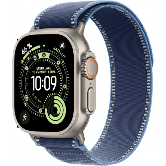 Apple Watch Ultra 3. Generation (GPS, Cellular, 49 mm) – Gehäuse aus Natur-Titan mit blauem und hellblauem Trail Loop (S/M)