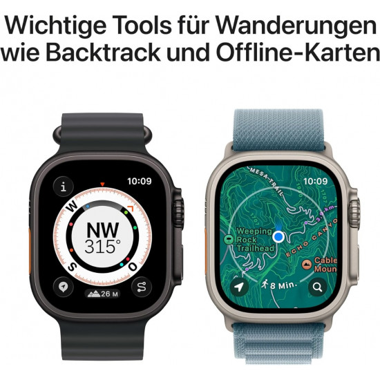 Apple Watch Ultra 3. Generation (GPS, Cellular, 49 mm) – Gehäuse aus Natur-Titan mit blauem und hellblauem Trail Loop (M/L)
