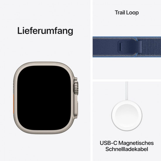 Apple Watch Ultra 3. Generation (GPS, Cellular, 49 mm) – Gehäuse aus Natur-Titan mit blauem und hellblauem Trail Loop (S/M)