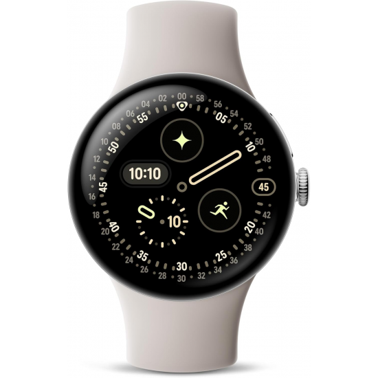Google Pixel Watch 4 Wi-Fi (45mm) - Aluminiumgehäuse in Polished Silver – Sportarmband in Porcelain