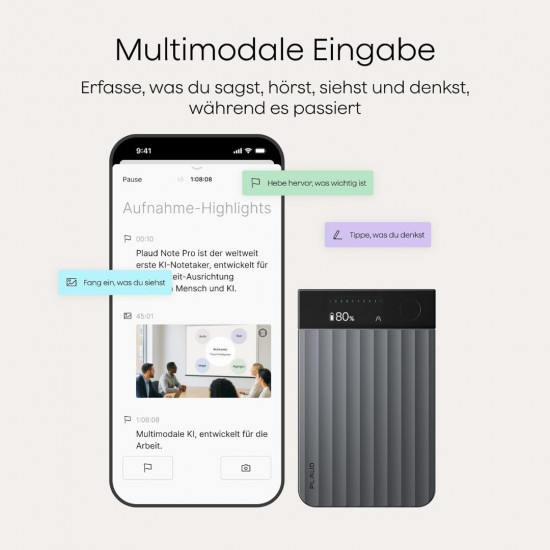 Plaud Note Pro KI Digitales Diktiergerät Aufnahmegerät mit KI Schreibfunktion und Zusammenfassen Voice Recorder Multimodale - Schwarz