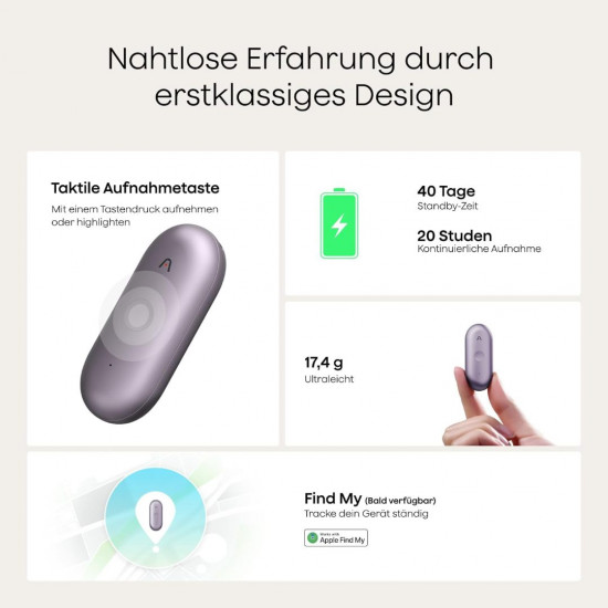 Plaud NotePin S Diktiergerät mit taktiler Aufnahmetaste - Mondsliber