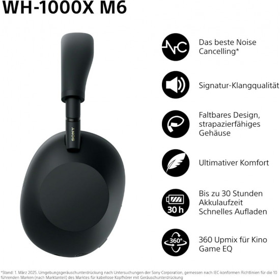 Sony WH-1000XM6 Noise Cancelling Over-Ear Wireless Kopfhörer - Schwarz