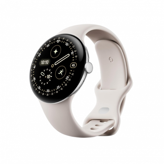 Google Pixel Watch 4 Wi-Fi (45mm) - Aluminiumgehäuse in Polished Silver – Sportarmband in Porcelain